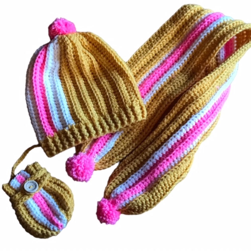 Knitting pattern for ribbed scarf, hat, and mittens with stripes