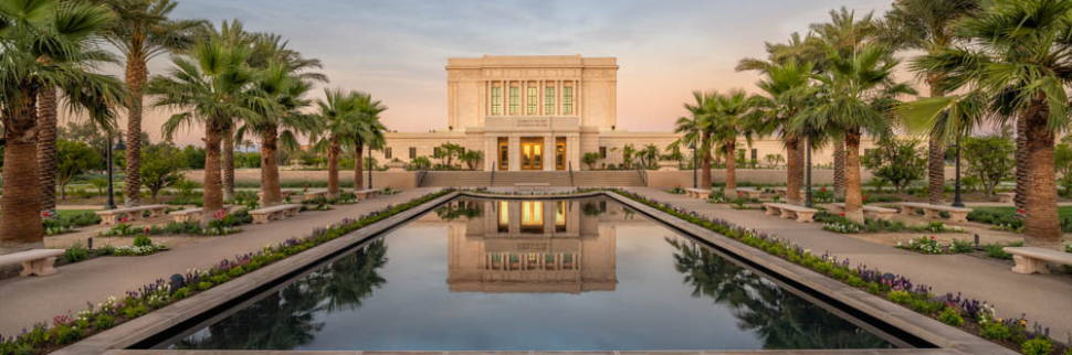 Wide shot of the Mesa Temple from across a reflection pool. The pool is lined with palm trees.