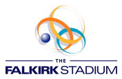 Logo for The Falkirk Stadium, featuring three interlocking rings in orange, yellow, and blue with a blue sphere, and the text THE FALKIRK STADIUM below in blue capital letters.