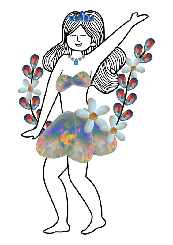 An illustration of a woman wearing colorful opal stones