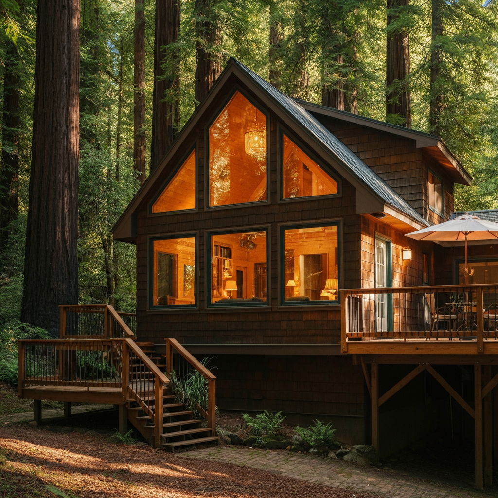 A photographic style image of A charming mountain cottage with a wraparound deck nestled among towering redwoods, featuring natural wood siding and large windows that reflect the afternoon sunlight. high focus, sharp, lots of bright light, extra bright, highly detailed, high quality, dslr, film grain, fujifilm XT3, RAW photo, RAW candid cinema, color graded porta 400, depth of field, hyper realistic, natural-looking, expressive, textured skin, texture, 8k, photorealistic