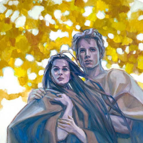 Adam and Eve standing together with resolute expressions against the autumn wind, yellow treetops in the backdrop.