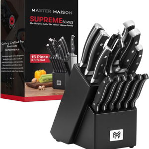 Master Maison 19-Piece Kitchen Knife Set - Wooden Knife Block Set with Sharpener - Chef Knife, Utility, and Steak Knives - Stainless Steel Blades for Professional Cooking - Black