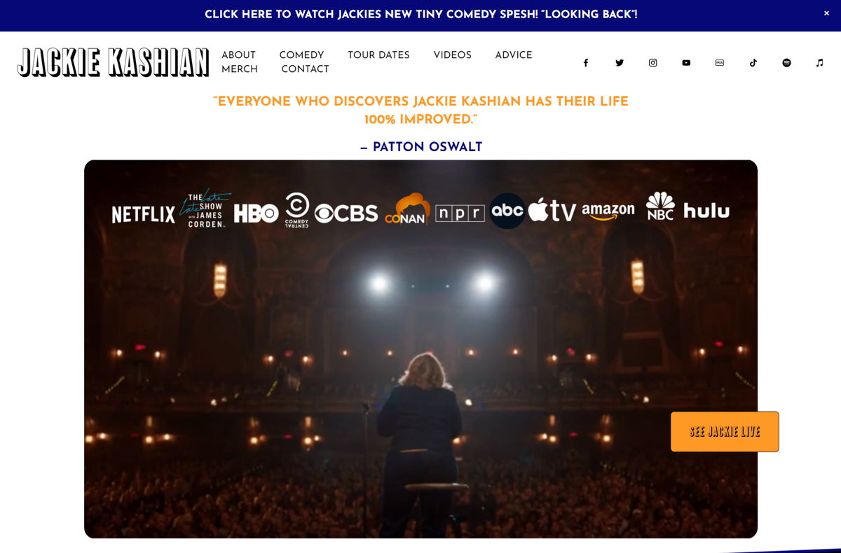 Screenshot of Jackie Kashian, from the stand-up comedian websites collection.