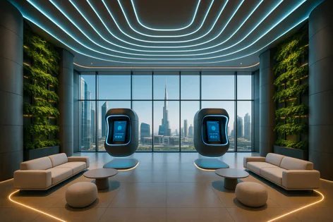 Futuristic lobby with floating digital kiosks overlooking a modern city skyline. Beige sofas, vertical gardens, and glowing neon lights adorn the space.