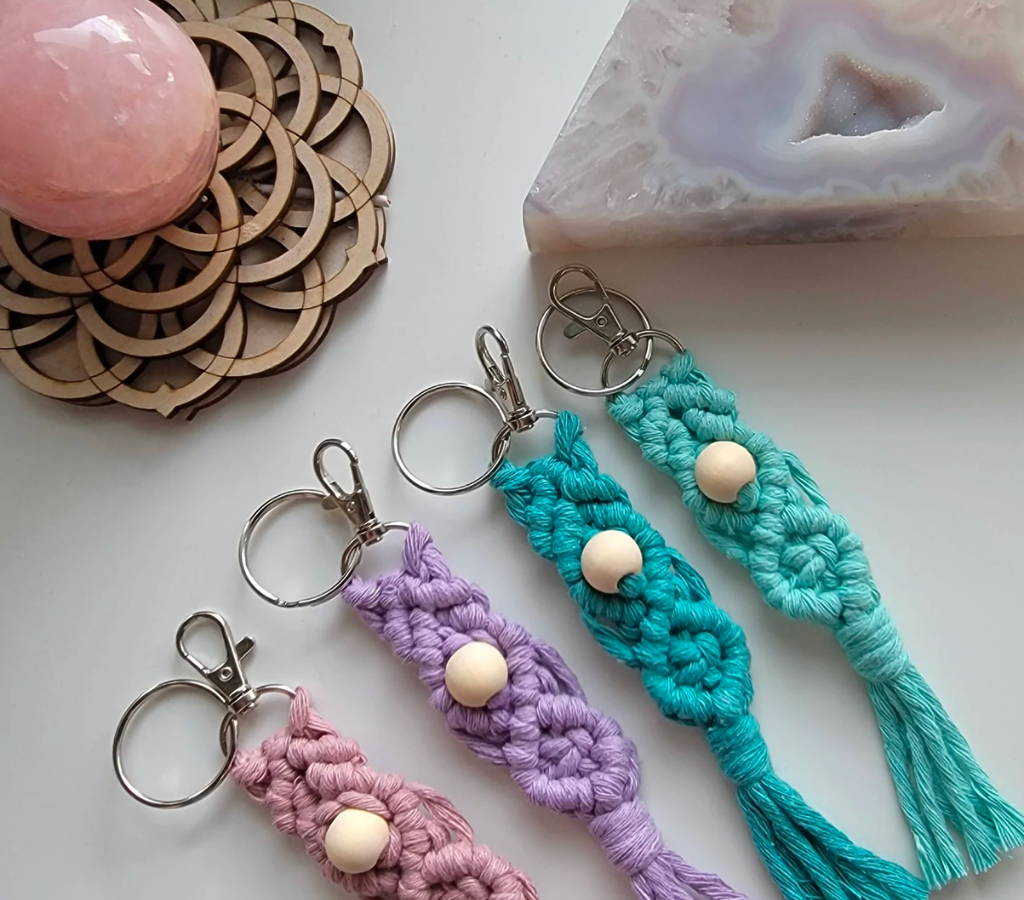Lisa Raham jewelry - pink, mauve, turquoise and light turquoise macrame key chains with wooden bead