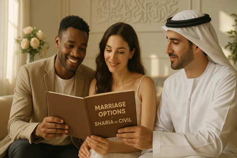 Three diverse individuals, including an Arab man, happily studying a book about marriage options, specifically comparing Sharia and Civil law.