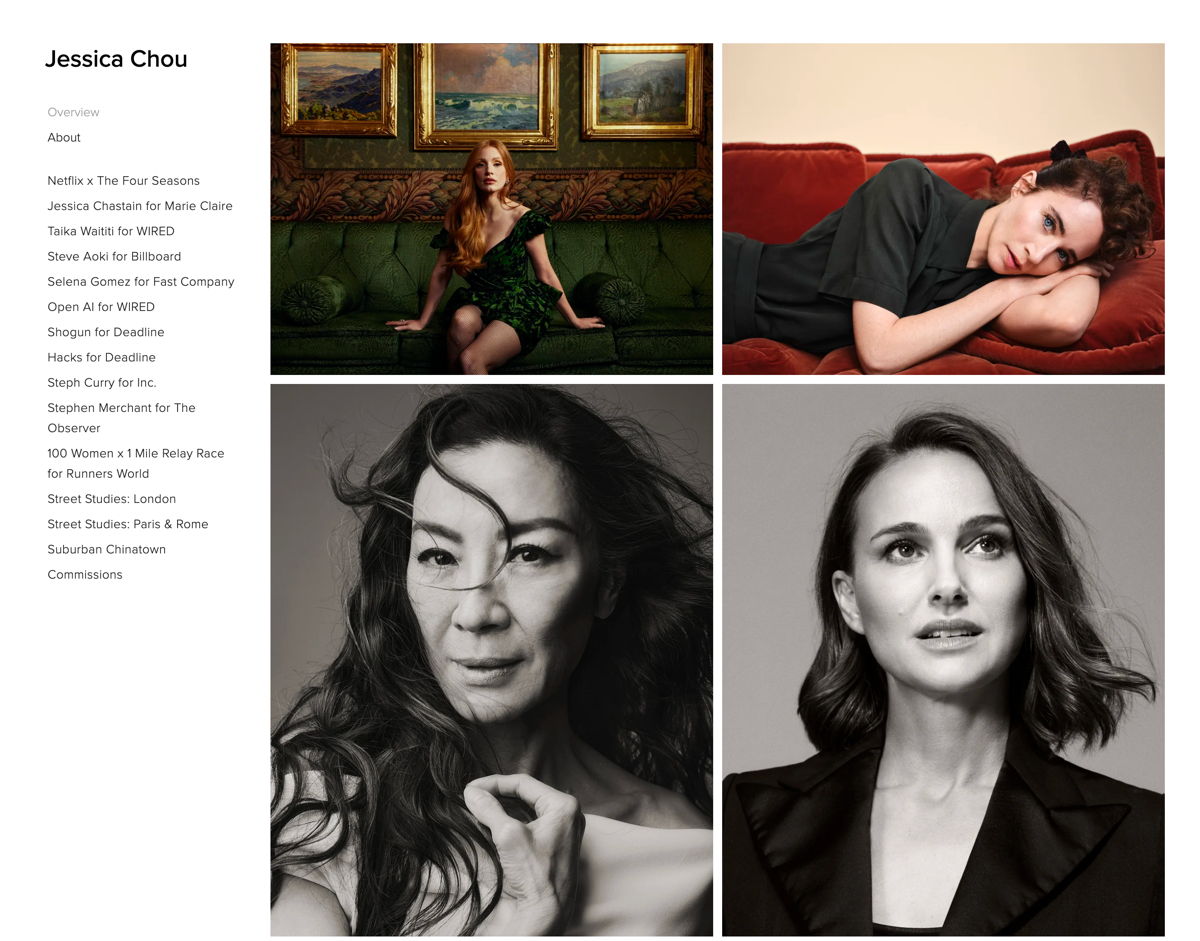 Screenshot of Jessica Chou, from the squarespace photography websites collection.