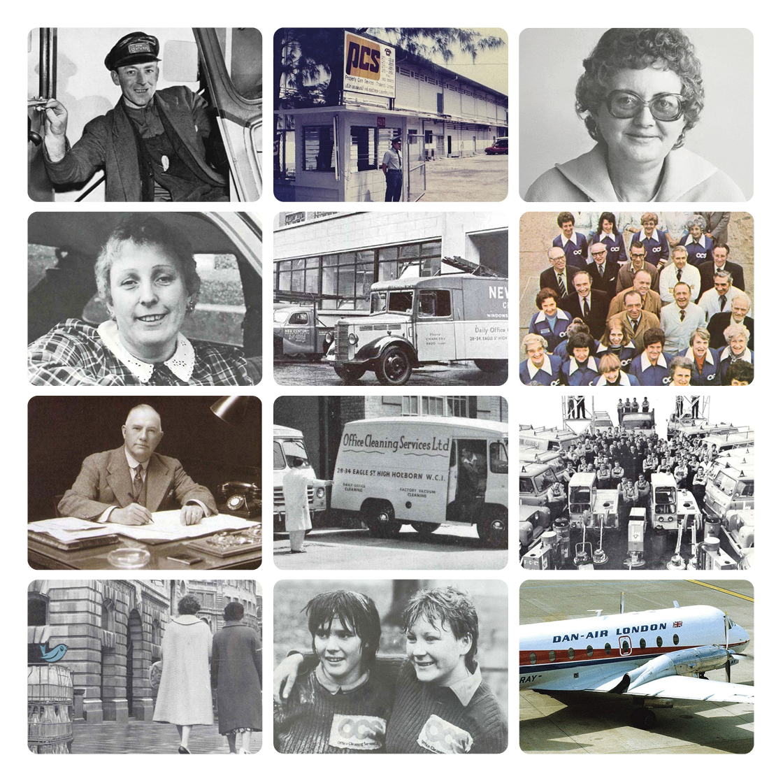 A collage of twelve vintage images: people in various settings, a PCS storefront, a retro office scene, a group portrait, an airplane, and a cleaning service van. The images feature a mix of individual and group activities from past decades.