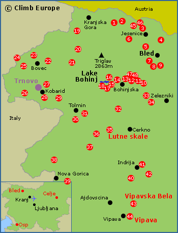 Map of the sport climbing areas around Bled, Lake Bohinj and western Slovenia