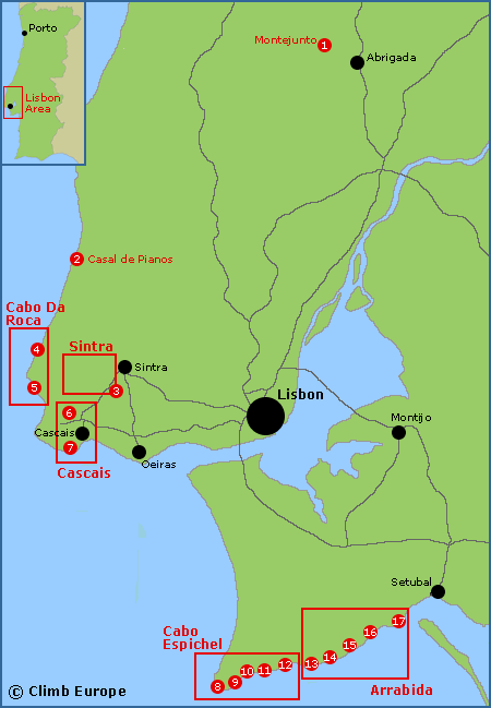 Map of the rock climbing, sport climbing and bouldering areas in Central Portugal around Lisbon