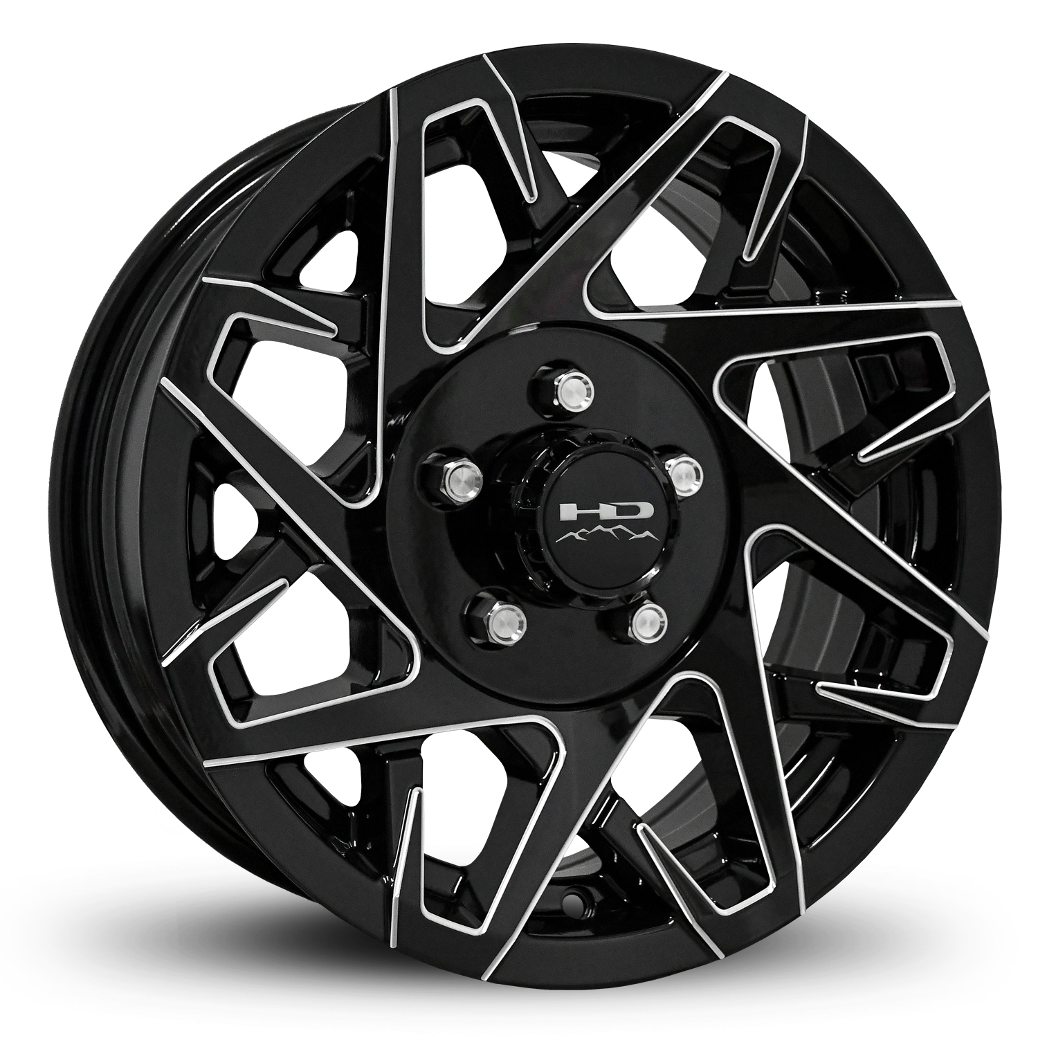 HD Off-Road Canyon Custom Trailer Wheel Rims in 15x6.0  15x6 Gloss Black CNC Milled Spoke Edges with Center Cap & Logo fits 5x4.50 / 5x114.3 Axle Boat, Car, RV, Travel, Concession, Horse, Utility, Lawn & Garden, & Landscaping.