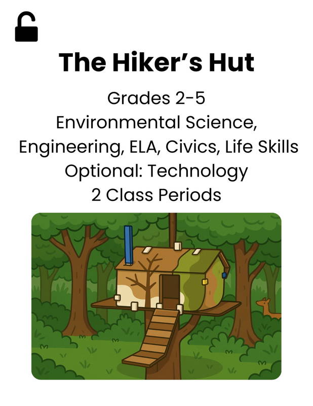 Elementary students build a 3DuxDesign hiker’s hut model in a forest environment, featuring a cardboard treehouse with connectors, a ladder platform, and a chimney. This environmental science and engineering STEM activity teaches grades 2–5 about habitats, sustainability, and community design.