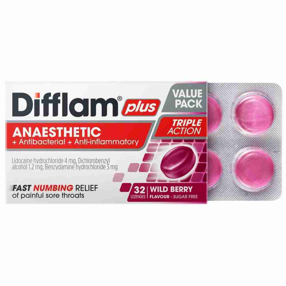 DIFFLAM PLUS ANAESTHETIC + ANTIBACTERIAL + ANTI-INFLAMMATORY WILD BERRY VALUE PACK 32 LOZENGES - Image 3