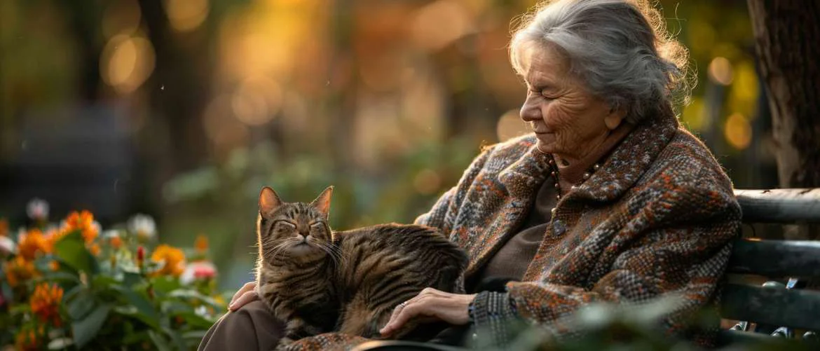 Elderly woman finding peace petting a therapy cat in a hospital garden.