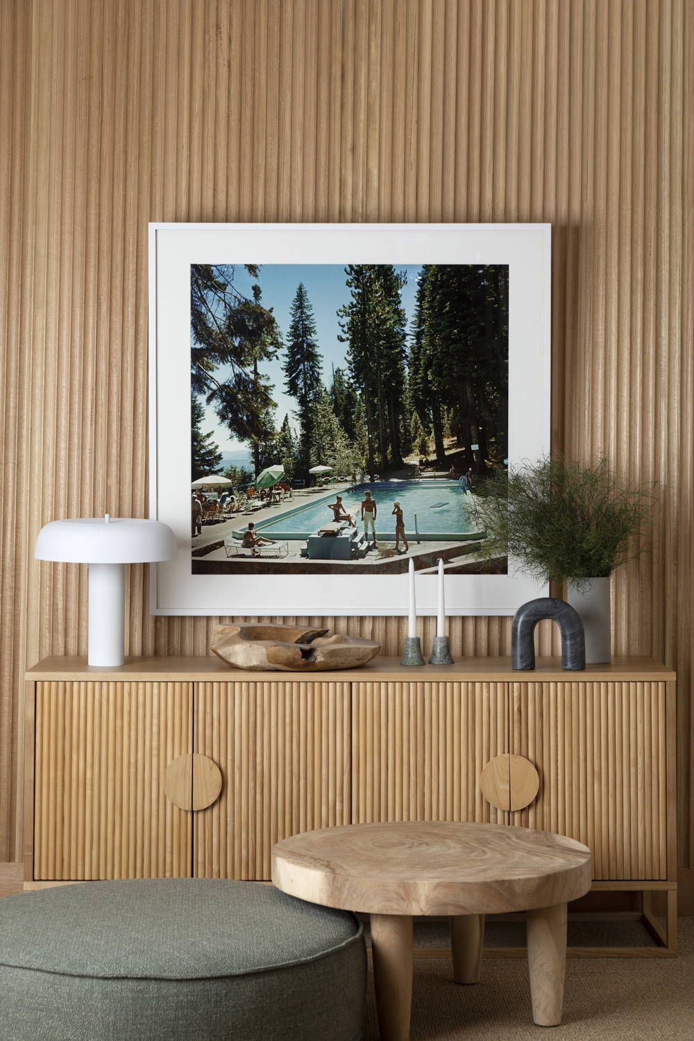 Pool at Lake Tahoe by Slim Aarons - A vintage photograph  by Slim Aarons styled in an earthy interior.