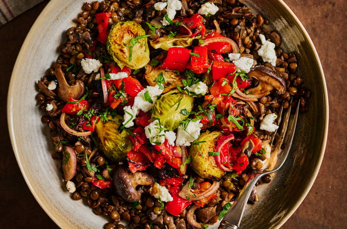 Ragoût de lentilles aux champignons, légumes rôtis