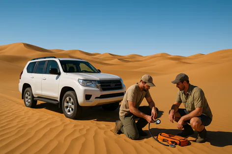 Two men kneel beside a white SUV in the vast desert, using a tire pressure gauge on a tire, preparing the vehicle for driving on sand dunes.