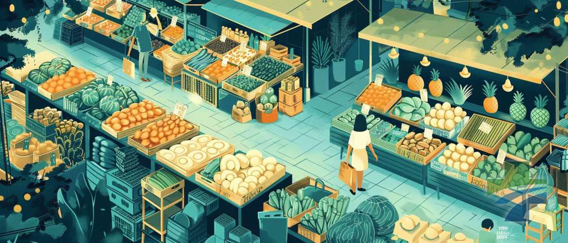 Illustration of a lively local market in a wellness tourism destination