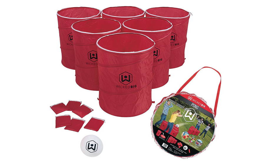 Red pop-up cylinders and bean bags for giant portable pong