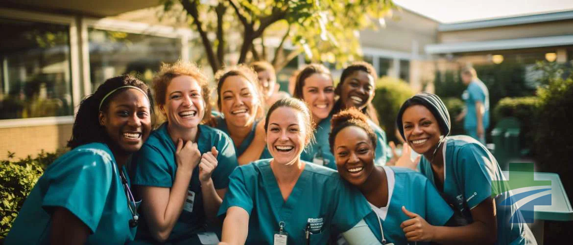 Joyful travel nurses sharing laughs in a hospitable break room.