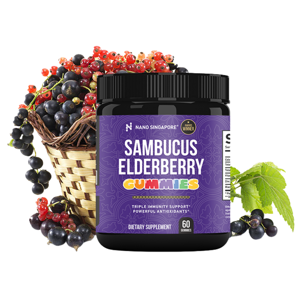 a bottle of our best elderberry gummy supplement surrounded by elderberry fruits