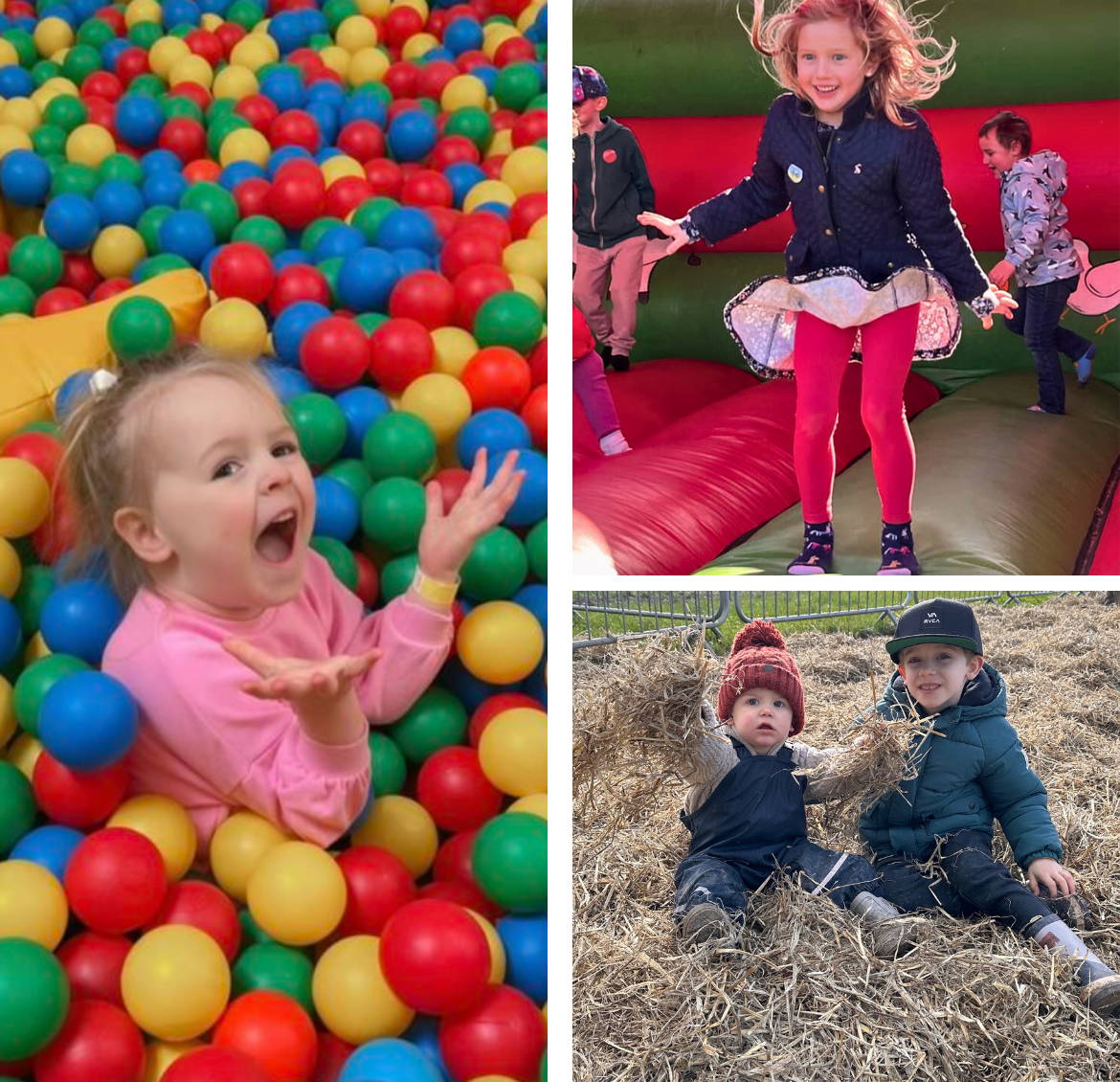 Young girl playing in a colourful ball pit wearing a pink jumper and a young girl jumping on a bouncy castle smiling having fun