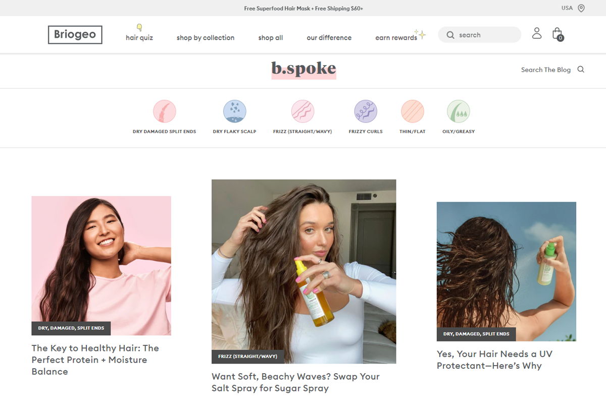 Screenshot of B.spoke by Briogeo, from the shopify blog examples collection.