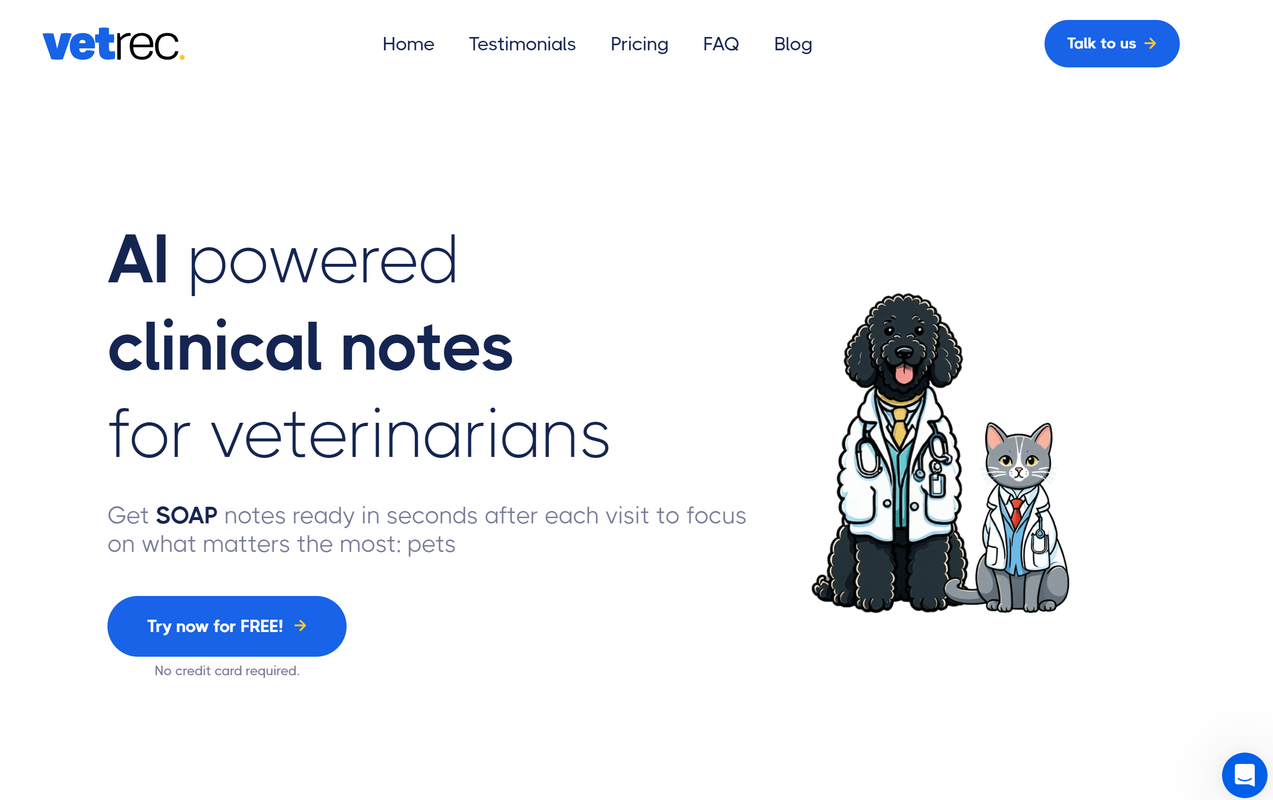 Screenshot of VetRec's website landing page, an AI scribe