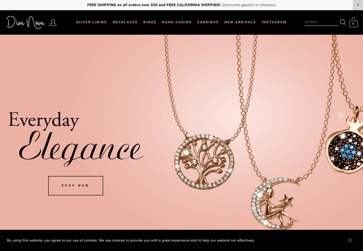 Screenshot of Diva Nova Store, from the squarespace ecommerce examples collection.