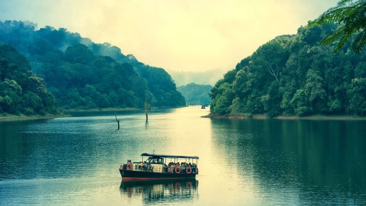 Tourist boat on the lake at Periyar National Park, Kerala