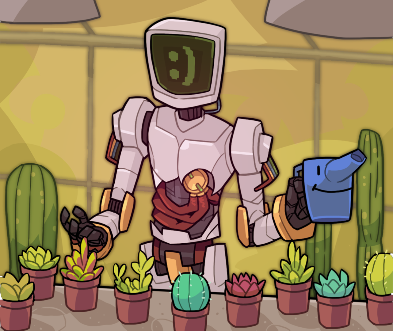 Calculester with his robotic body and smiling expression on his monitor, waters small succulents.