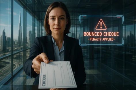 A businesswoman in a suit holds out a cheque with a digital overlay warning "Bounced Cheque - Penalty Applied" over a city skyline.
