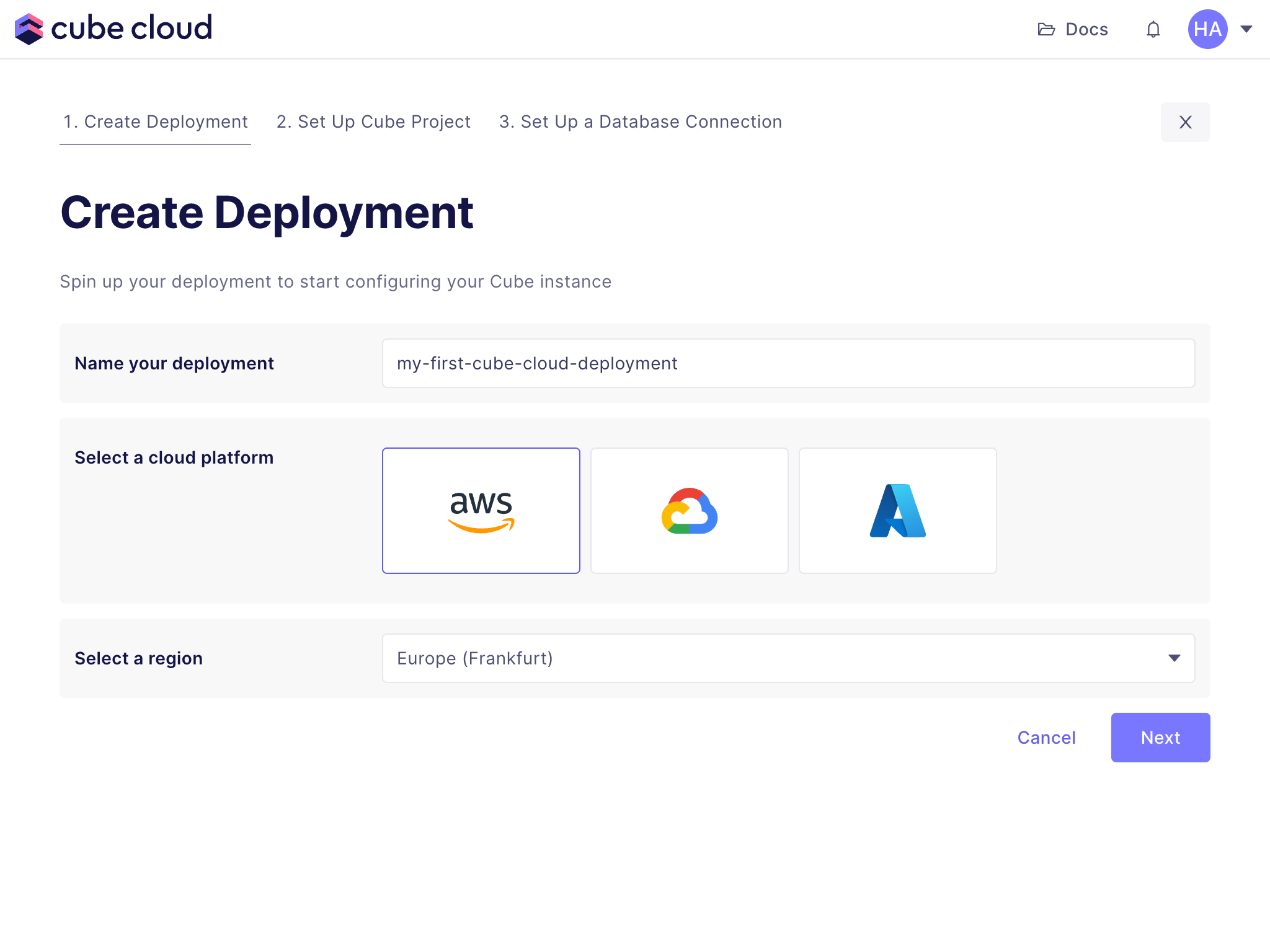 Cube Cloud Create Deployment Screen