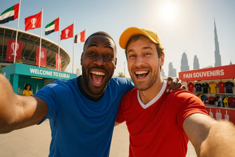 Two cheerful men take a selfie in Dubai, smiling broadly. Background shows UAE flags, stadium, Welcome sign, souvenir stand, and the Burj Khalifa.