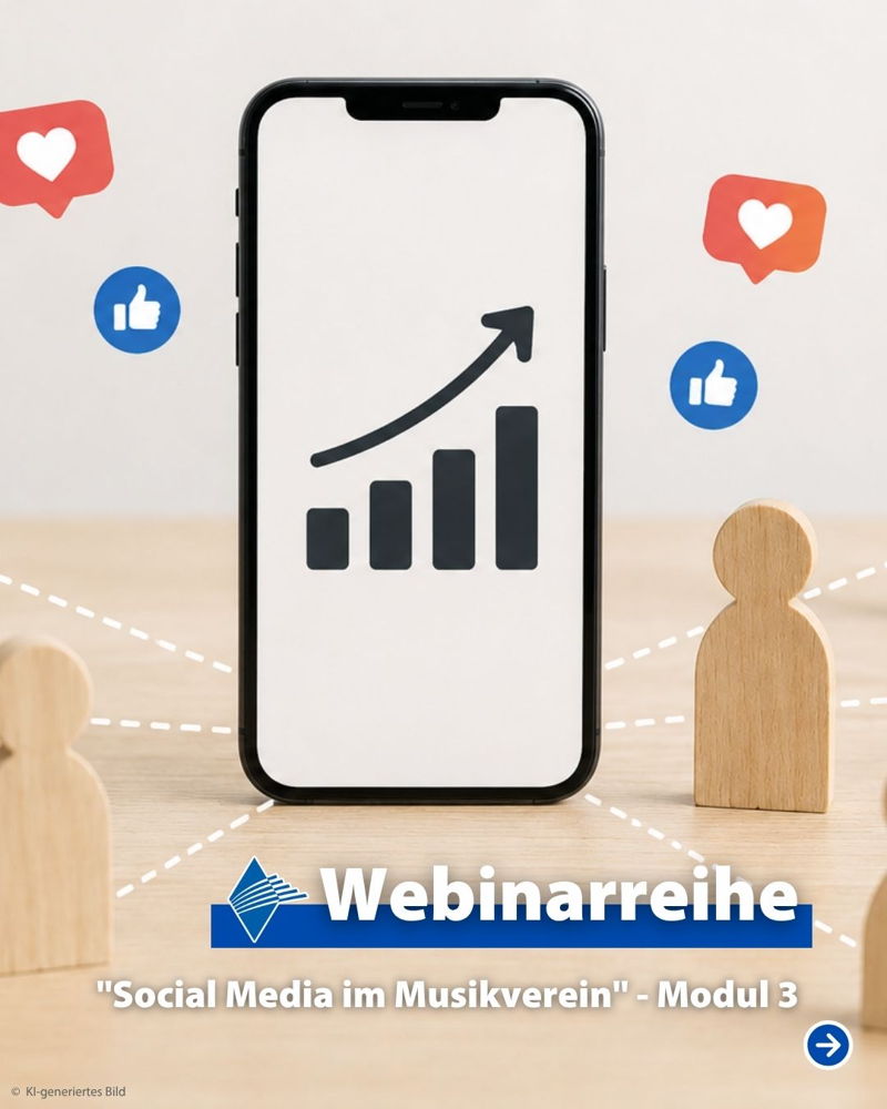 📱 Social Media im Musikverein – Jetzt anmelden! 📱

Reichweite steigern – mit Strategie, Erfolgsmessung & Ads! 📈 

Welche Inhalte funktionieren – und warum? In Modul 3 der vierteiligen Webinarreihe geht es darum, Reichweite gezielt aufzubauen und den 