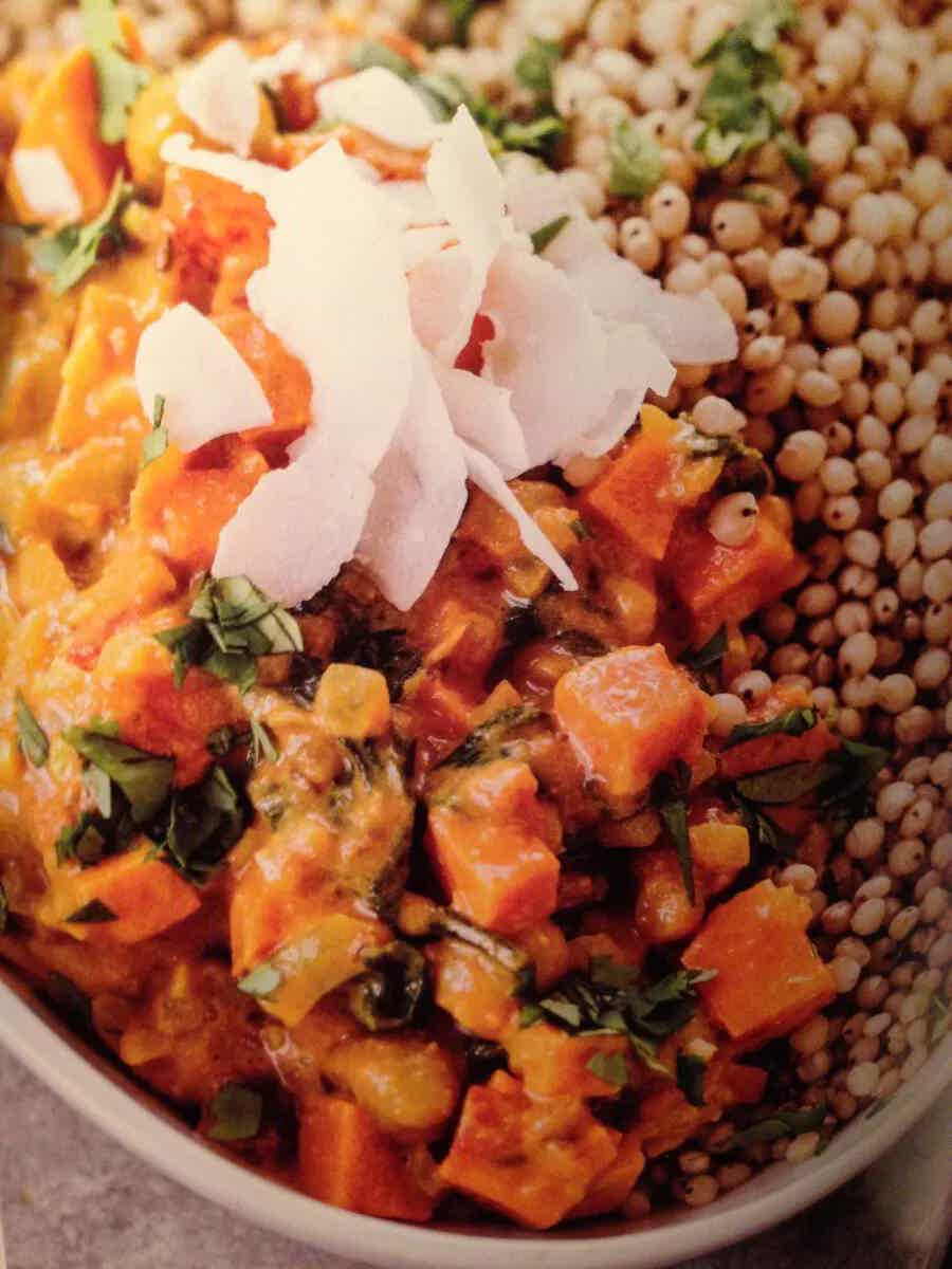 My favourite warming winter stew: sweet potato, chickpea, and spinach coconut curry