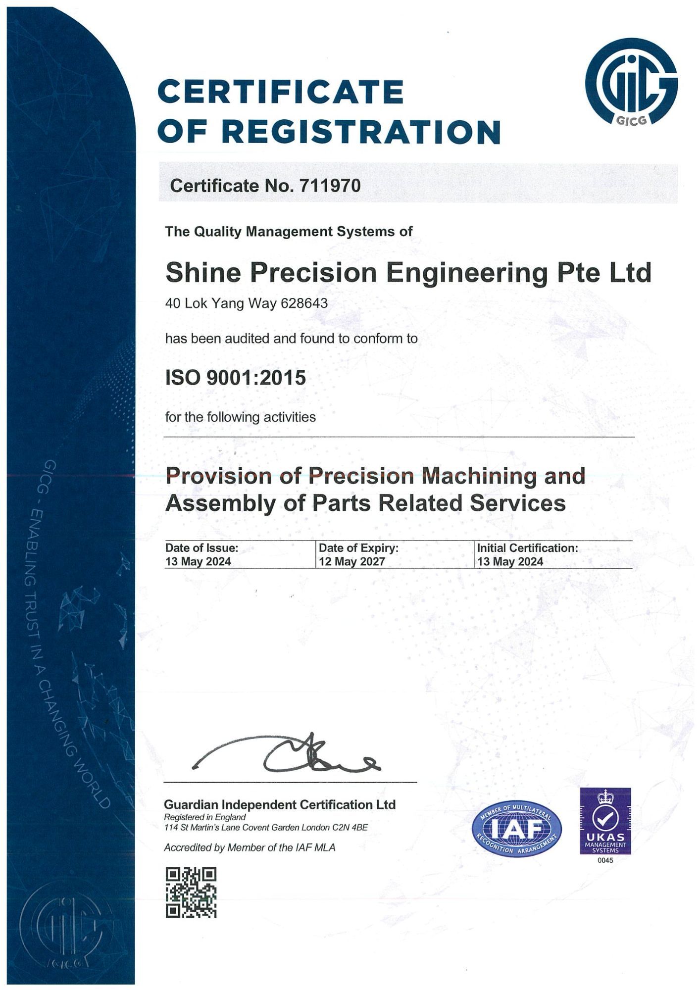Shine Precision ISO 9001:2015 Certificate