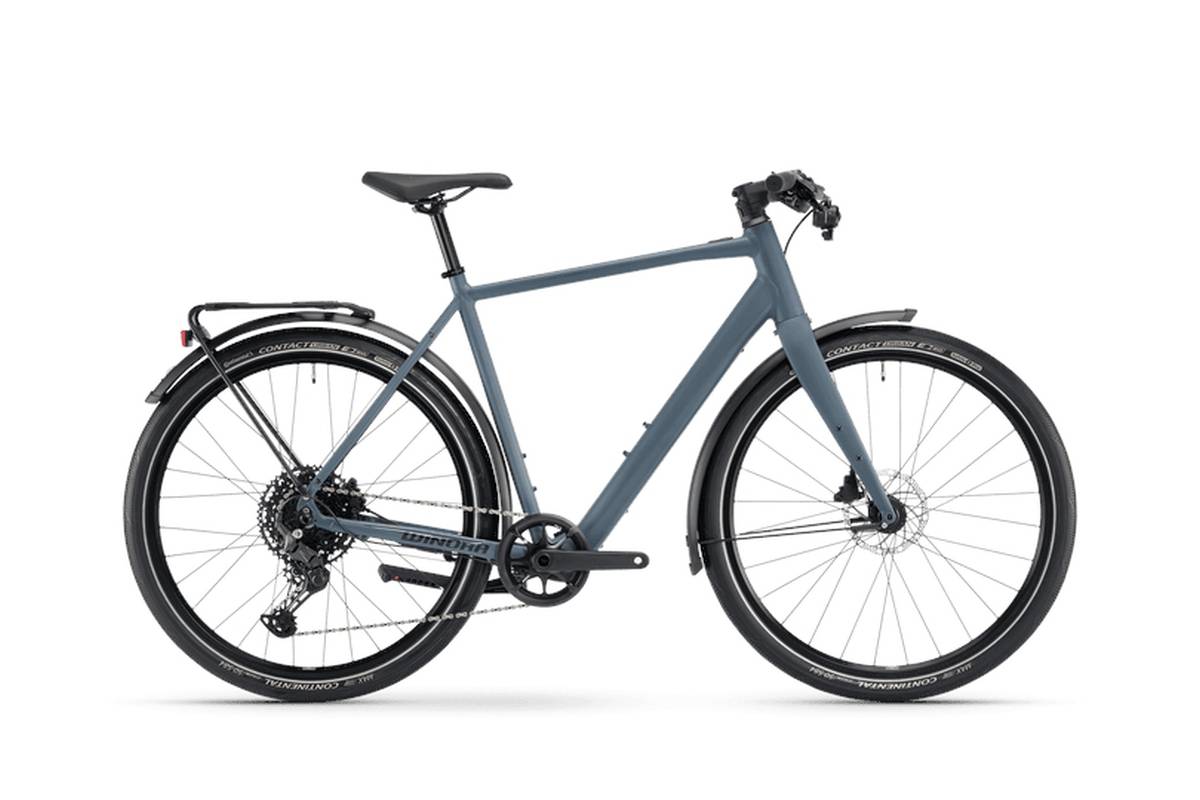 Winora E-Flitzer vu de profil avec fourche carbone, porte-bagages MIK et garde-boue