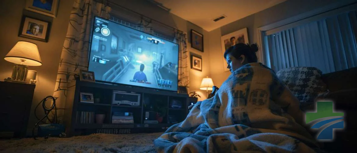 A nurse finding stress relief through gaming in a cozy, dimly lit living room.
