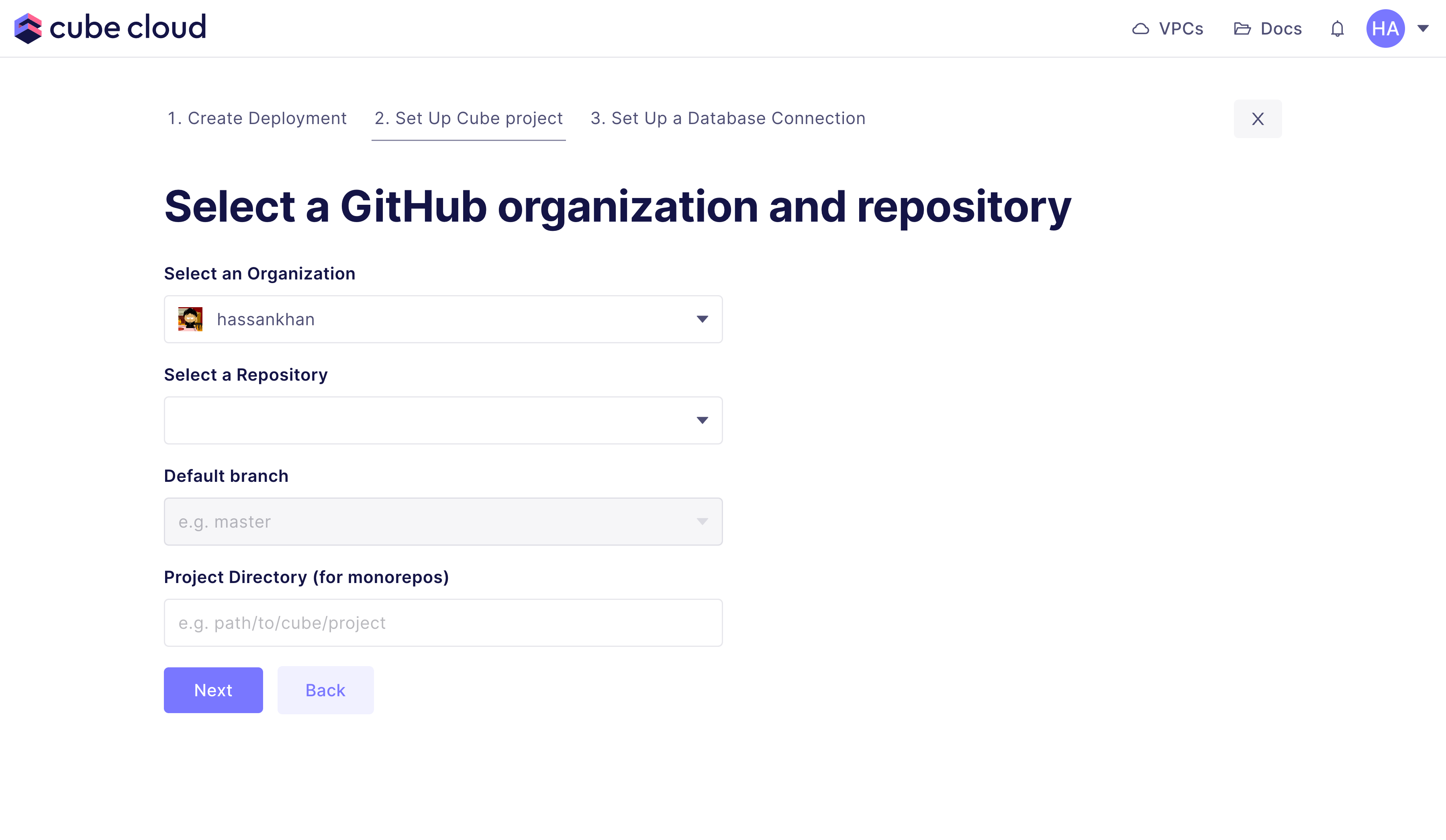 Cube Cloud Import from GitHub screen