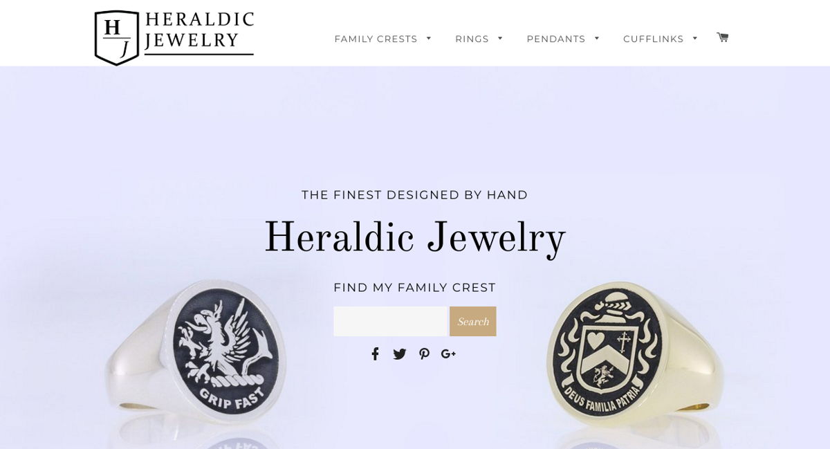 Screenshot of Heraldic Jewelry, from the shopify stores collection.