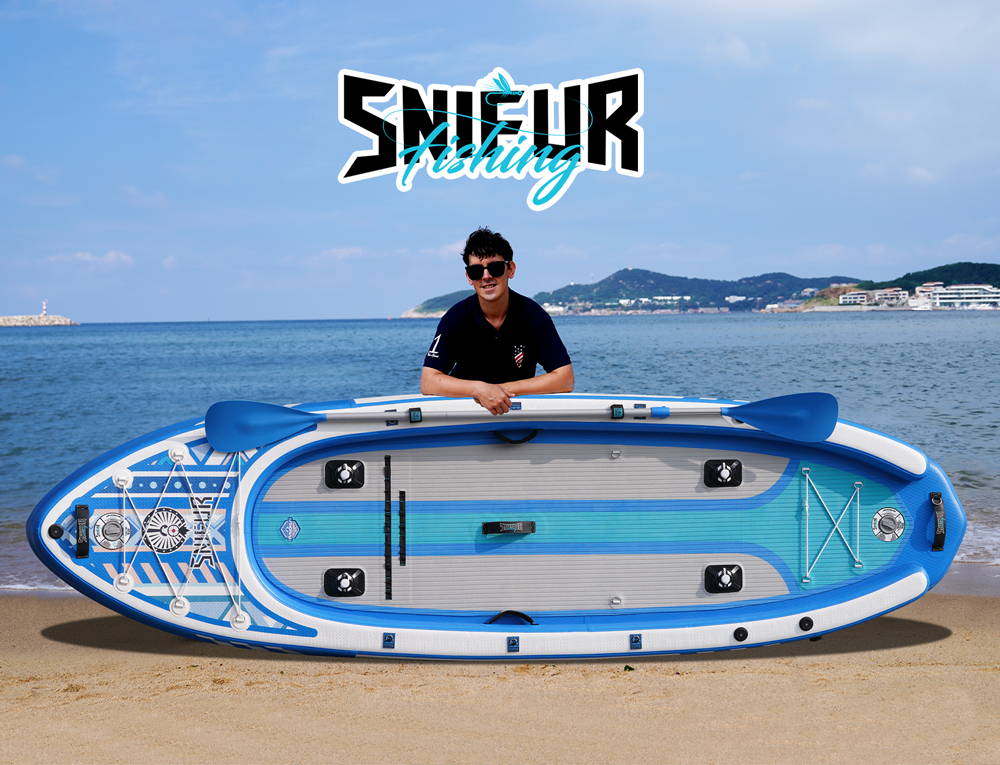 The man is relying on the SNIFUR 11' inflatable fishing kayak on the beach