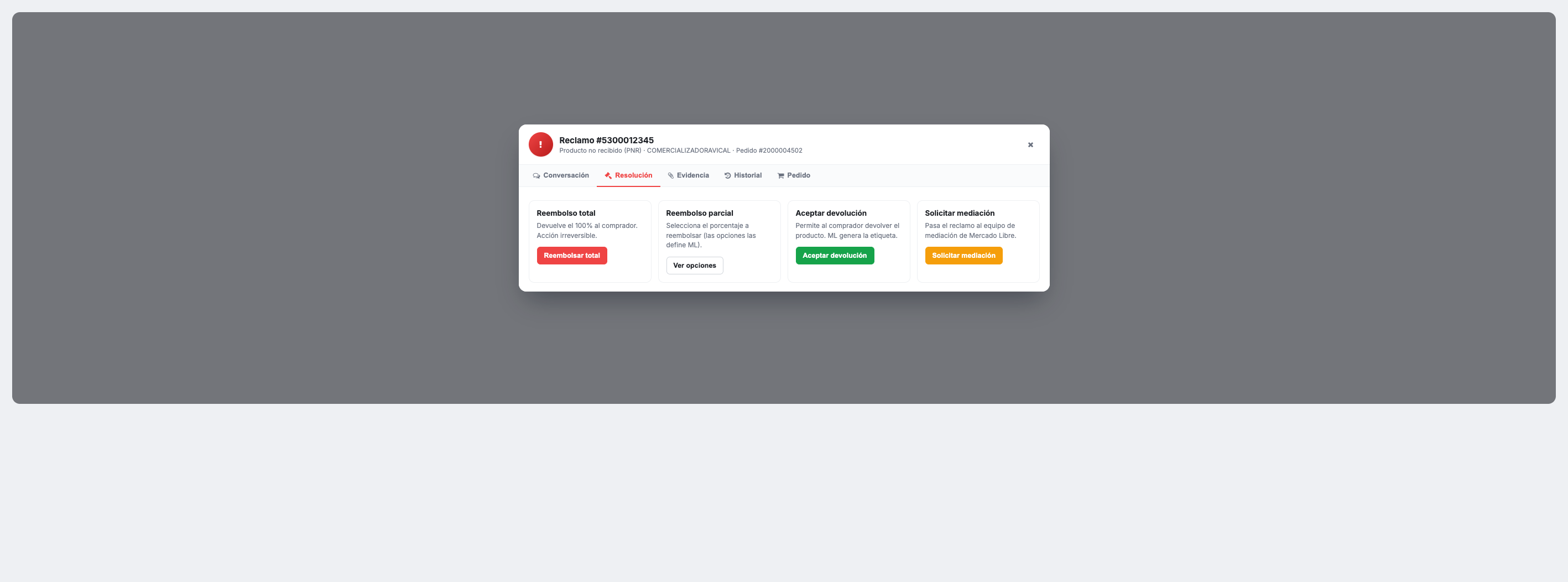 Acciones disponibles seg&uacute;n el caso: reembolso total/parcial, aceptar devoluci&oacute;n o solicitar mediaci&oacute;n.