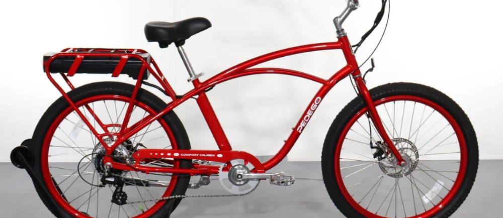 A cherry red Pedego Comfort Cruiser electric cruiser bike