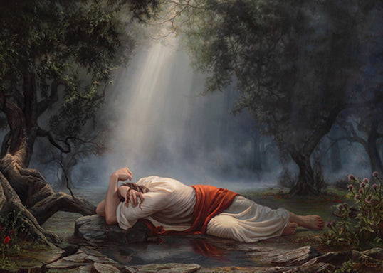 Jesus collapsed on the ground in the Garden of Gethsemane. Light shines down on Him.