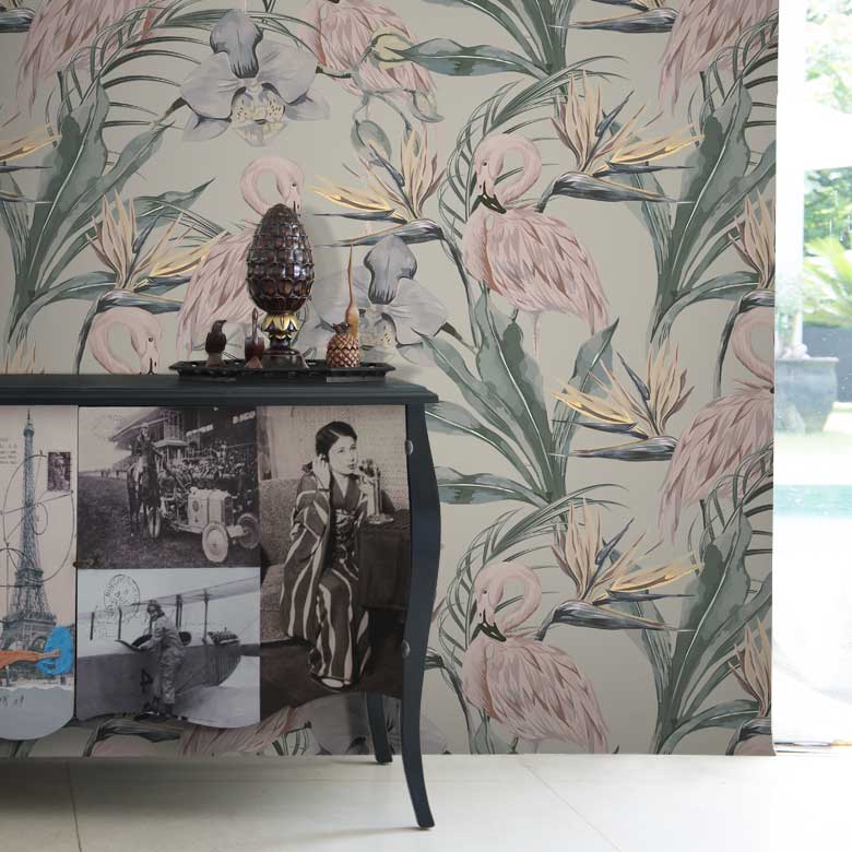Feathr Pastel Tropical Flamingo Wallpaper design image