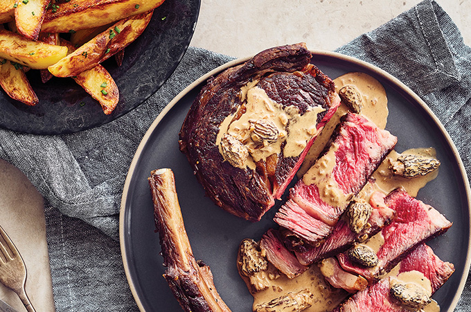 Aged Rib Steak and Oven Fries with Black Garlic-Morel Sauce
