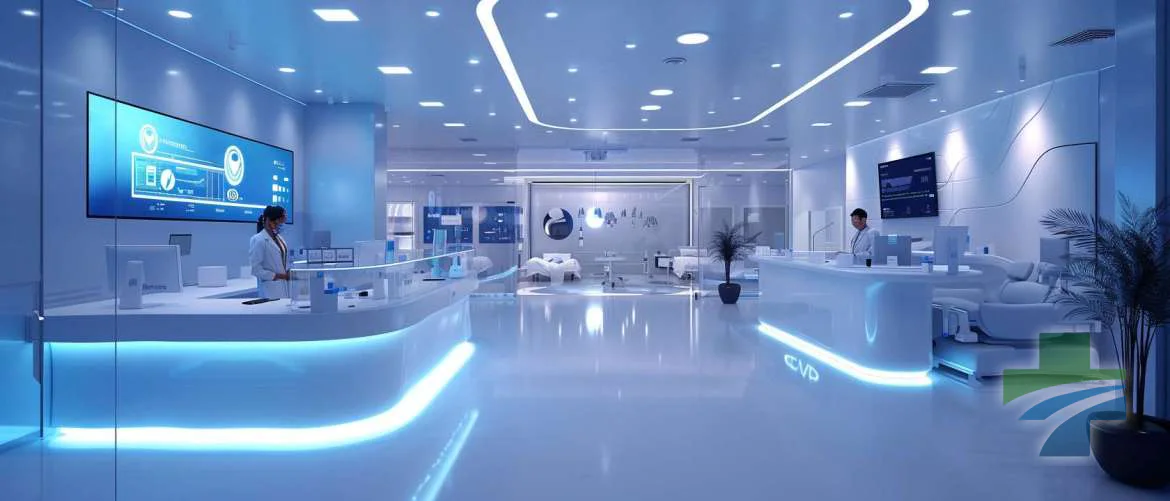 Nurses interacting with advanced digital tools at a futuristic nursing station