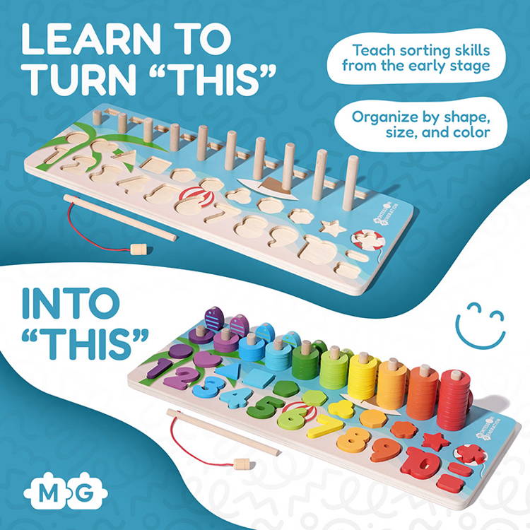 Infographic showcasing how children can improve their sorting skills by organizing shapes and colors pieces of the Montessori Smart Board.